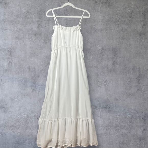 New Promesa Chiffon‎ Maxi White Ruffle Bodice Adjustable Straps Dress Medium - Picture 2 of 13